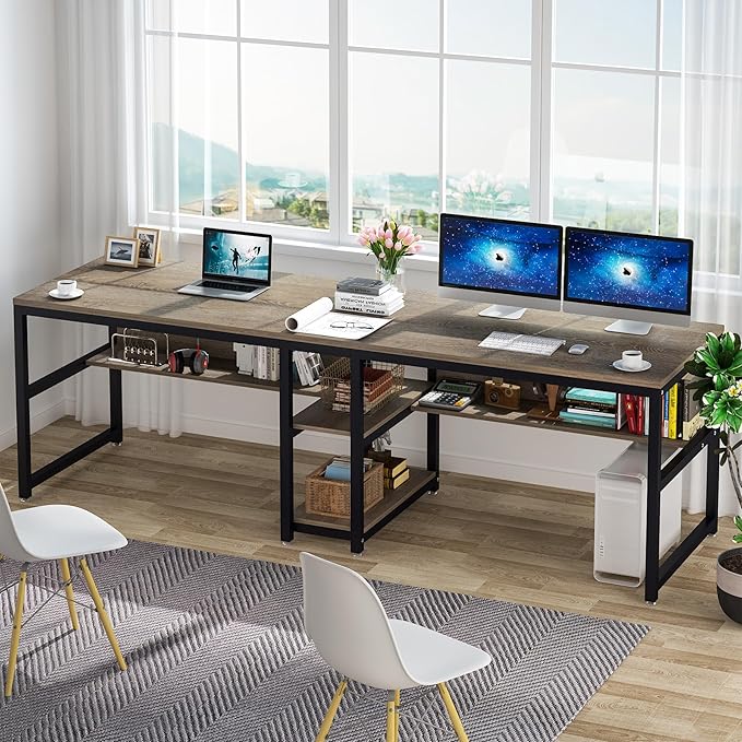 Tribesigns Two Person Desk with Bookshelf, 78.7 Computer Office Double Desk for Two Person, Rustic Writing Desk Workstation with Shelf for Home Office (Grey) - LeafyLoom