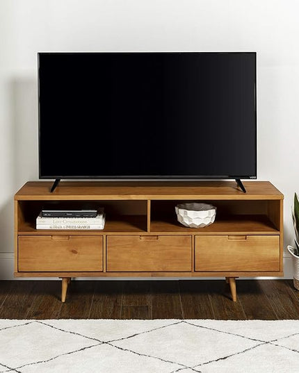Walker Edison 3-Drawer Mid Century Modern Wood TV Stand for TV's up to 65" Flat Screen Cabinet Door Living Room Storage Entertainment Center, 58 Inch, Caramel - LeafyLoom
