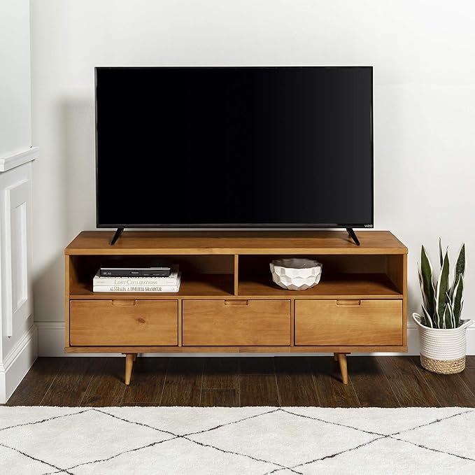 Walker Edison 3-Drawer Mid Century Modern Wood TV Stand for TV's up to 65" Flat Screen Cabinet Door Living Room Storage Entertainment Center, 58 Inch, Caramel - LeafyLoom
