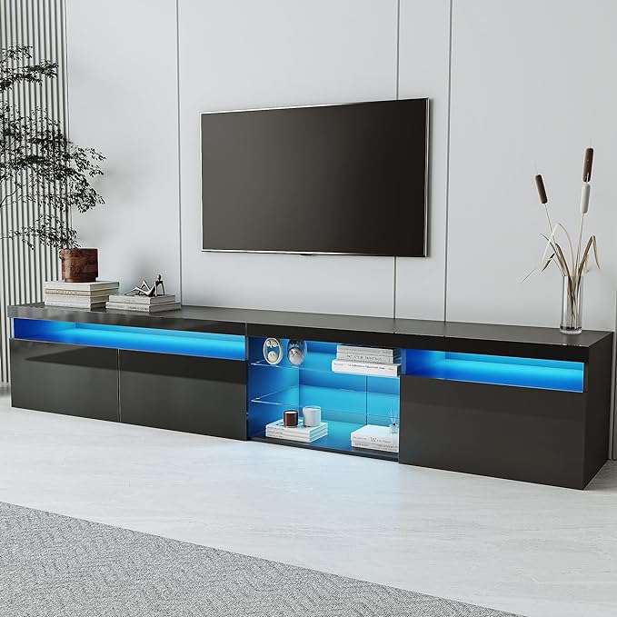 NicBex TV Stand for 100 Inch TV LED Gaming Entertainment Center Media Storage Console Table with 2 Glass Shelves and LED Color Changing Lights for Living Room,Bedroom,94.50 Inch,Black - LeafyLoom