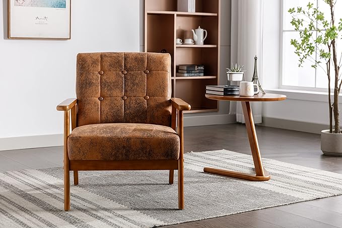 Mid-Century Accent, Modern Single Armchair, Upholstered Leisure Lounge Chair wth Solid Wood Armrest and Feet for Living Room, Bedroom, Office, Coffee - LeafyLoom