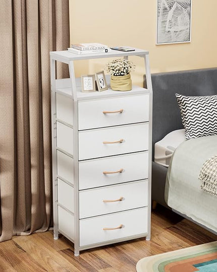 Furnulem White Dresser with 5 Drawers, Vertical Storage Tower Fabric Dresser for Bedroom, Hallway, Entryway, Nursery, Closet Organizer, Nightstand Bedside Table Furniture, Sturdy Steel Frame, Wood Top - LeafyLoom