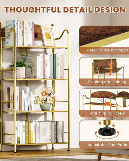 Folding Bookshelf No Assembly, 4 Shelf Gold Folding Bookcase with Sturdy Metal Frame, Vintage Open Standing Collapsible Shelves for Bedroom, Living Room, Home Office Organization - LeafyLoom