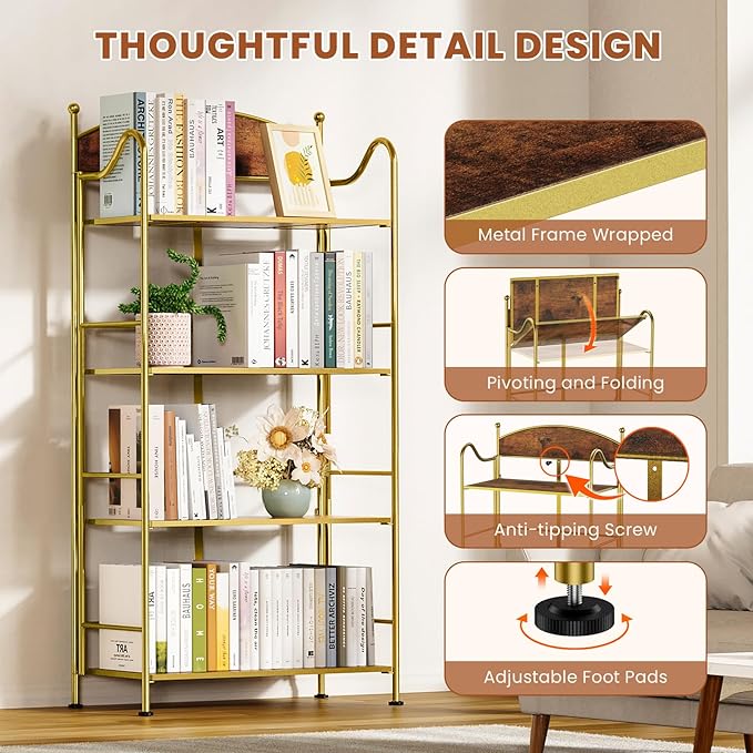 Folding Bookshelf No Assembly, 4 Shelf Gold Folding Bookcase with Sturdy Metal Frame, Vintage Open Standing Collapsible Shelves for Bedroom, Living Room, Home Office Organization - LeafyLoom