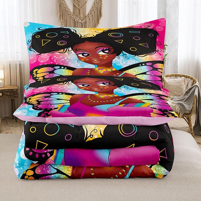 Tailor Shop Fantasy Black Girl Comforter Set Rainbow Butterfly Twin Size Bedding Sets for Girls Kids Kawaii Magic African American Black Girl Bedding Set with 1 Pillowcase Girls Room Decor - LeafyLoom
