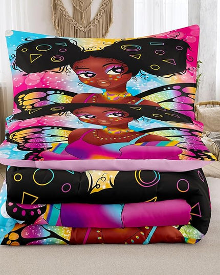 Tailor Shop Fantasy Black Girl Comforter Set Rainbow Butterfly Full Size Bedding Sets for Girls Kids Kawaii Magic African American Black Girl Bedding Set with 2 Pillowcase Girls Room Decor - LeafyLoom