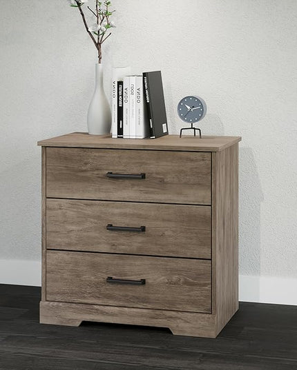 Prepac Three Drawer Nightstand, 16.25in x 27.5in x 26.75in, Rustic Brown - LeafyLoom