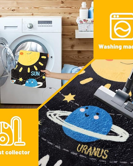 Round ABC Kids Rug,5.2 Ft Soft Circle Alphabet Playroom Rug,Washable Non-Slip Solar System Kids Play Rug,Space Educational Rug Kids Carpet for Classroom Playroom Bedroom Kids Room Decor - LeafyLoom