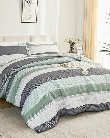 Litanika California King Comforter Set Sage Green - 3 Pieces Cal King Oversized Lightweight Summer Green White Colorblock Stripe Bedding Set (104x96In, 2 Pillowcases) - LeafyLoom