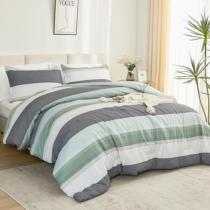 Litanika Twin/Twin XL Comforter Set Sage Green - 2 Pieces Teen Girls Boys Kids Comforter Lightweight Striped Bedding Comforter Sets (1 Comforter, 1 Pillowcase) - LeafyLoom