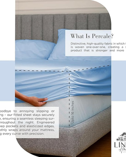 100% Cotton Percale Sheets Twin XL Size, Baby Blue, Deep Pocket, 4 Pieces Sheet Set - 1 Flat, 1 Deep Pocket Fitted Sheet and 2 Pillowcases, Crisp Cool and Strong Bed Linen - LeafyLoom