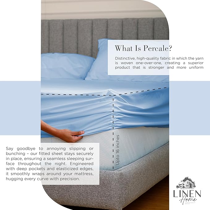 100% Cotton Percale Sheets Twin XL Size, Baby Blue, Deep Pocket, 4 Pieces Sheet Set - 1 Flat, 1 Deep Pocket Fitted Sheet and 2 Pillowcases, Crisp Cool and Strong Bed Linen - LeafyLoom