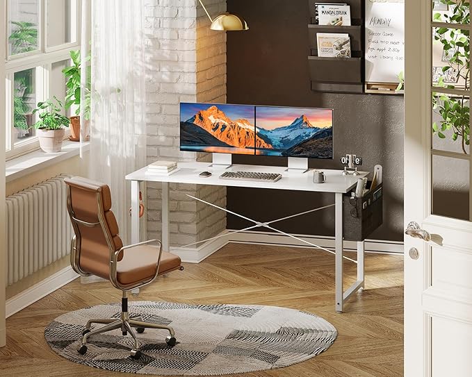 ODK Computer Desk Large Office Desk, 48 Inch Writing Desk with Storage, Modern PC Desk Work Table with Headphone Hook for Home Office, White + White Leg - LeafyLoom