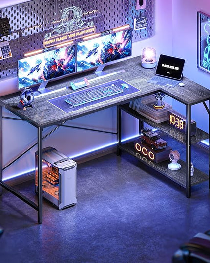 L Shaped Desk, 47 Inches Computer Desk with Reversible Storage Shelves, Gaming Desk, Corner Desk Home Office Desks, Writing Desk Study Desk with Metal Frame, Gray - LeafyLoom