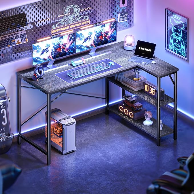 L Shaped Desk, 47 Inches Computer Desk with Reversible Storage Shelves, Gaming Desk, Corner Desk Home Office Desks, Writing Desk Study Desk with Metal Frame, Gray - LeafyLoom