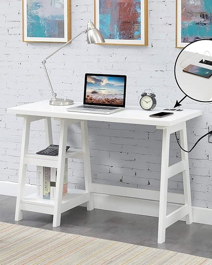 Convenience Concepts Designs2Go Trestle Desk with Charging Station and Shelves, White - LeafyLoom