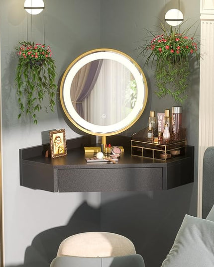 armocity Triangular Computer Desk with Outlets, Wall-Mounted Desk for Small Space, Floating Corner Table with Drawer, USB Ports, Home Office, Bedroom, Black - LeafyLoom