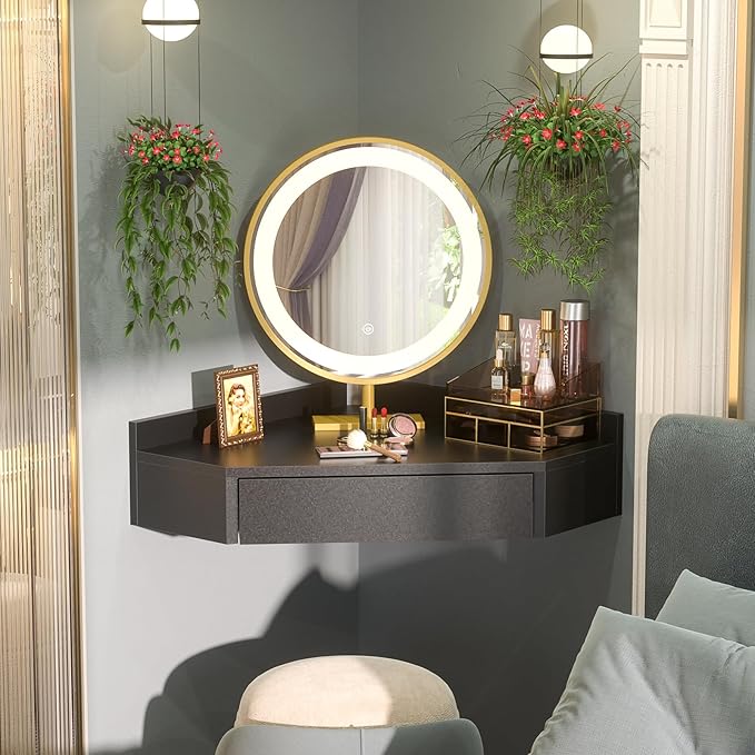 armocity Triangular Computer Desk with Outlets, Wall-Mounted Desk for Small Space, Floating Corner Table with Drawer, USB Ports, Home Office, Bedroom, Black - LeafyLoom