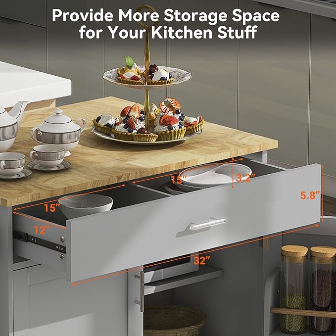 Kitchen Island with Storage, Rolling Table on Wheels w/Divider, Internal Canibet Rack, Adjustable Shelf Tower Rack for Dinning Room, Rubber Wood Contertop - LeafyLoom