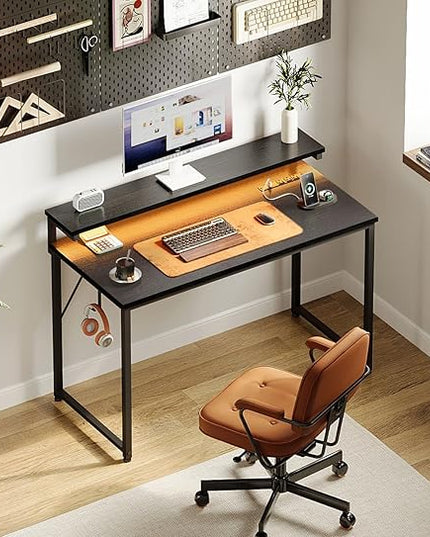AODK Small Desk, 40 Inch Gaming Desk with LED Lights and Power Outlet, Computer Desk with Adjustable Monitor Shelf (3 Heights), Home Office Table Study Desk Compact Desk for Small Space, Black - LeafyLoom
