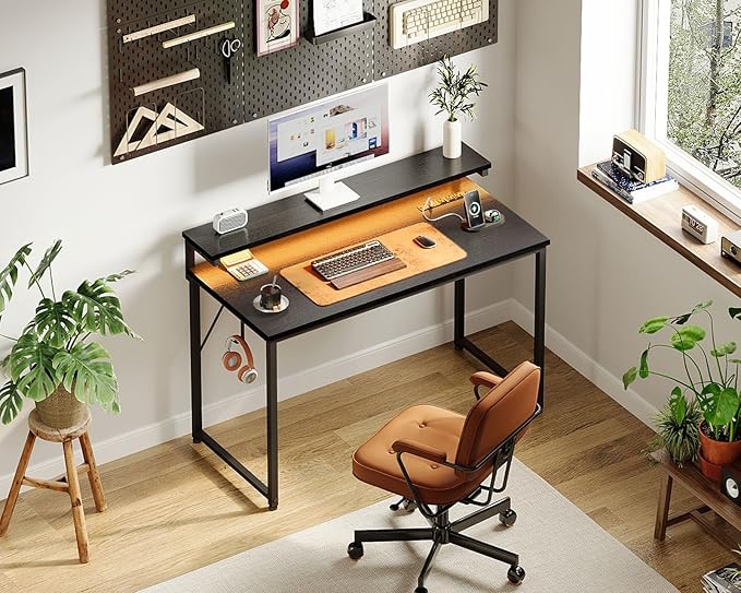 AODK Small Desk, 40 Inch Gaming Desk with LED Lights and Power Outlet, Computer Desk with Adjustable Monitor Shelf (3 Heights), Home Office Table Study Desk Compact Desk for Small Space, Black - LeafyLoom