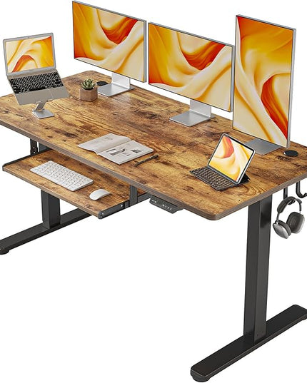 FEZIBO Standing Desk with Keyboard Tray, 63 × 24 Inches Electric Height Adjustable Desk, Sit Stand Up Desk, Computer Office Desk, Rustic Brown - LeafyLoom