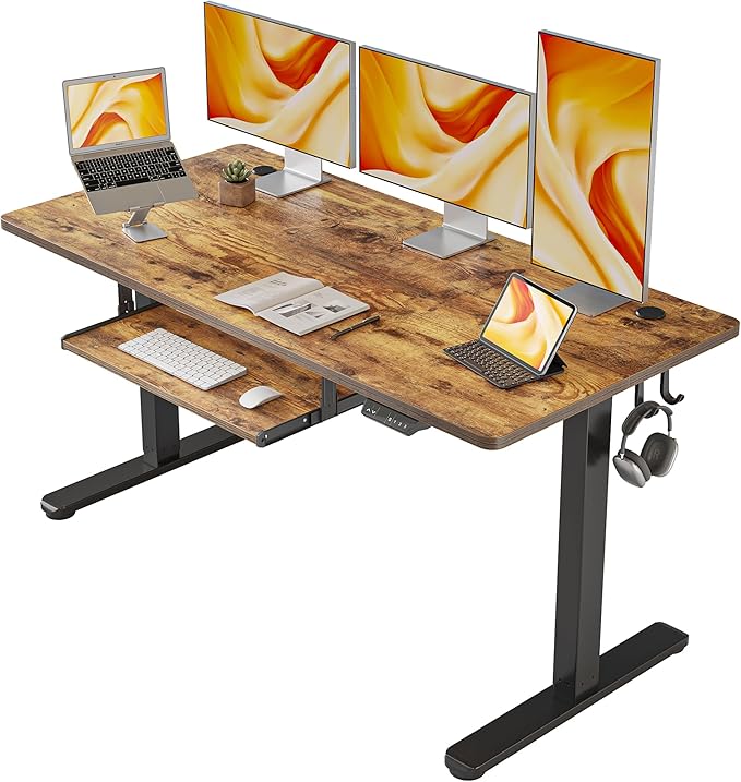 FEZIBO Standing Desk with Keyboard Tray, 63 × 24 Inches Electric Height Adjustable Desk, Sit Stand Up Desk, Computer Office Desk, Rustic Brown - LeafyLoom
