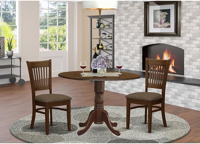 East West Furniture Dublin 3 Piece Kitchen Set Contains a Round Dining Room Table with Dropleaf and 2 Linen Fabric Upholstered Chairs, 42x42 Inch, DLVA3-ESP-C - LeafyLoom