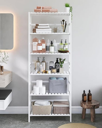 Bookshelf, 6-Tier Tall Bookcase Freestanding Bamboo Book Shelf Bathroom Storage Organizer with Adjustable Shelves, White - LeafyLoom