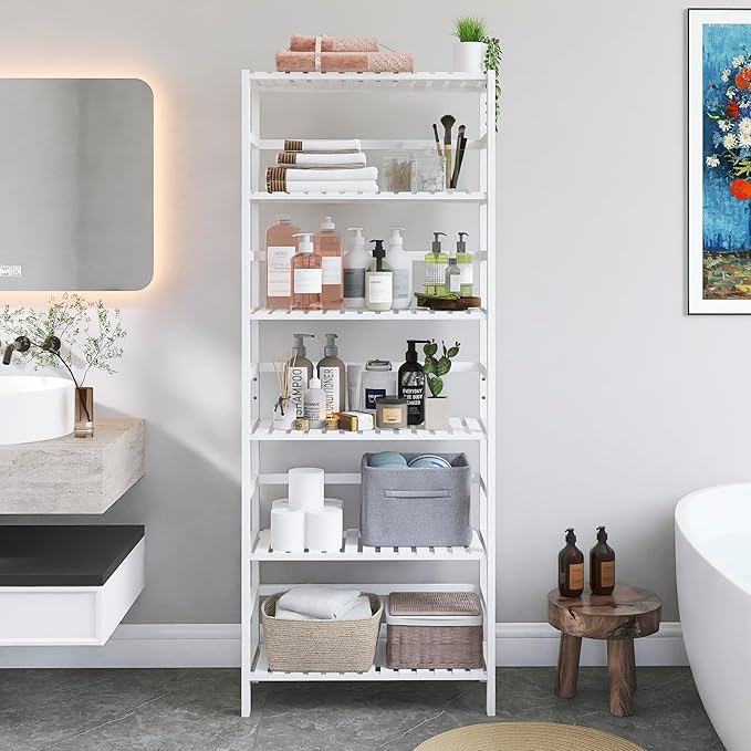 Bookshelf, 6-Tier Tall Bookcase Freestanding Bamboo Book Shelf Bathroom Storage Organizer with Adjustable Shelves, White - LeafyLoom