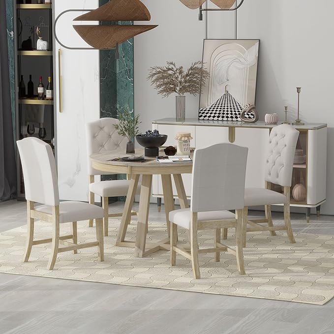 Retro Style 5-Piece Extendable Dining Round Functional Kitchen Table Set with 16" W Leaf and 4 Upholstered Chairs-Ideal for Breakfast Nook or Living Room-Natural - LeafyLoom