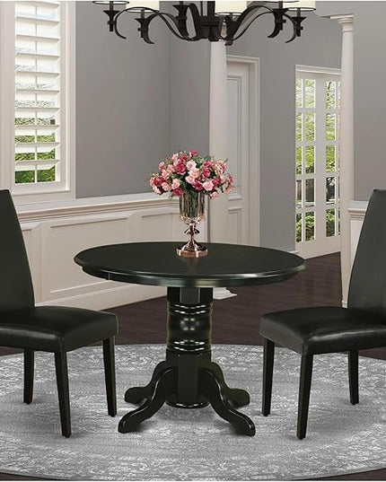 East West Furniture SHEN3-BLK-69 3 Piece Kitchen Table Set Contains a Round Dining Table with Pedestal and 2 Black Faux Leather Parson Dining Room Chairs, 42x42 Inch, Black - LeafyLoom