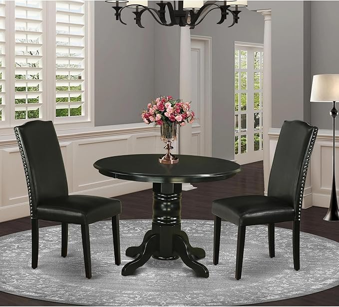 East West Furniture SHEN3-BLK-69 3 Piece Kitchen Table Set Contains a Round Dining Table with Pedestal and 2 Black Faux Leather Parson Dining Room Chairs, 42x42 Inch, Black - LeafyLoom