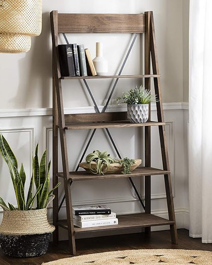 Walker Edison X Back Modern Farmhouse Wood Bookcase Bookshelf Home Office Living Room Storage, 4 Shelves, Brown - LeafyLoom