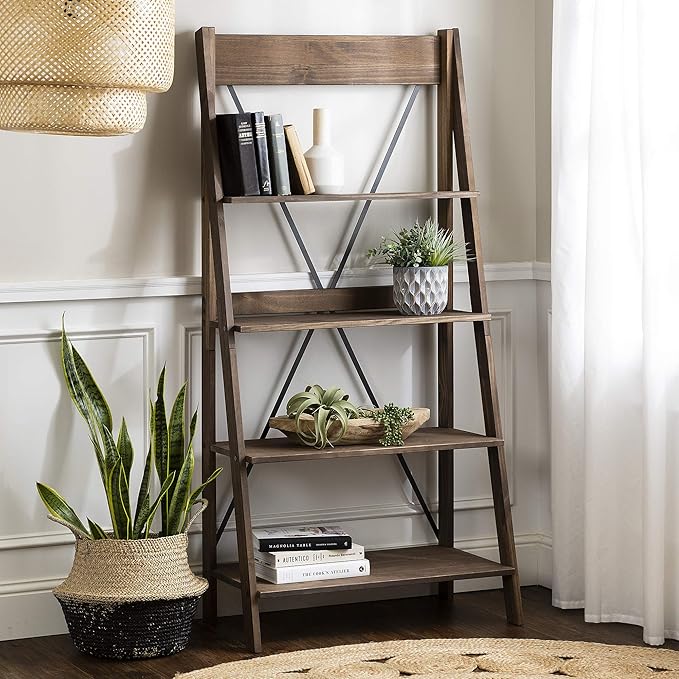 Walker Edison X Back Modern Farmhouse Wood Bookcase Bookshelf Home Office Living Room Storage, 4 Shelves, Brown - LeafyLoom