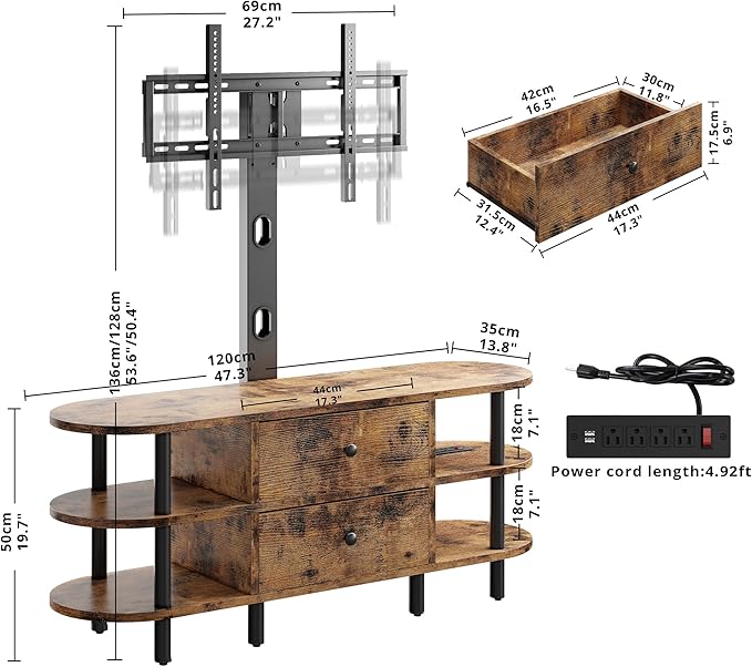 IRONCK TV Stand with Mount and Power Outlet 47", Swivel TV Stand Mount for 70+ inch TV, 3 Tiers TV Console with Drawers and Storage Shelves Entertainment Center - LeafyLoom