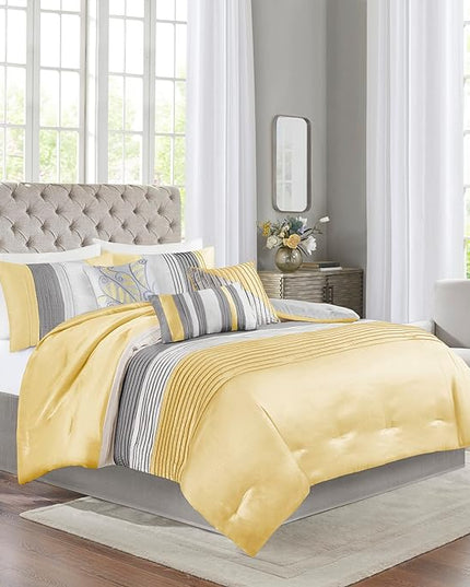 Madison Park Amherst Faux Silk Comforter Set-Casual Contemporary Design All Season Down Alternative Bedding, Matching Shams, Bedskirt, Decorative Pillows, King(104"x92"), Yellow, 7 Piece (MP10-2449) - LeafyLoom