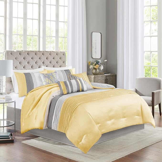 Madison Park Amherst Faux Silk Comforter Set-Casual Contemporary Design All Season Down Alternative Bedding, Matching Shams, Bedskirt, Decorative Pillows, Queen(90"x90"), Yellow, 7 Piece (MP10-2448) - LeafyLoom