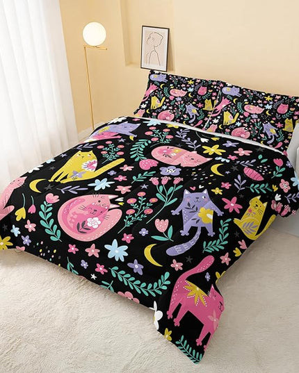 Floral Cat Comforter Full Size,Black Cats Comforter Set for Kids Teens Girls,3Pcs Bedding Set Printed Comforter with 2 Pillowcases,Down Alternative,Soft and Lightweight(Black，Full Size) - LeafyLoom