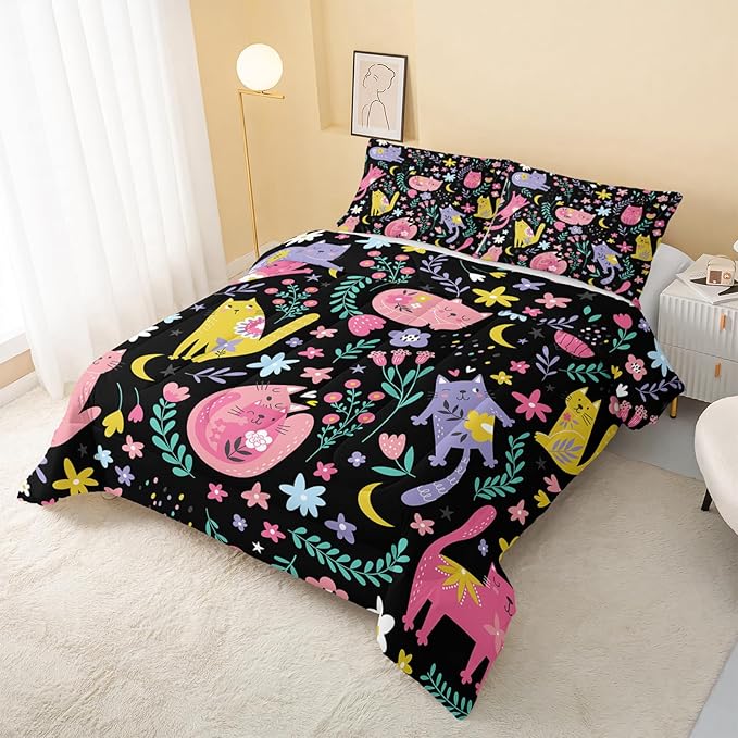 Floral Cat Comforter Full Size,Black Cats Comforter Set for Kids Teens Girls,3Pcs Bedding Set Printed Comforter with 2 Pillowcases,Down Alternative,Soft and Lightweight(Black，Full Size) - LeafyLoom