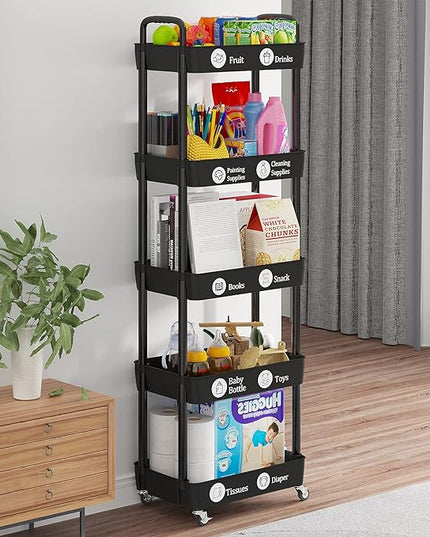 Storage Cart,Multifunction Utility Rolling Cart Kitchen Storage Organizer,Mobile Shelving Unit Cart with Lockable Wheels for Bathroom,Laundry,with Classified Stickers - LeafyLoom