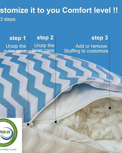 King Size Pillows - Adjustable Firm King Pillows for Back Stomach and Side Sleeper- Shredded Memory Foam Cooling Pillow for Neck and Shoulder Pain with Washable Cover and Bonus Foam Fill - LeafyLoom