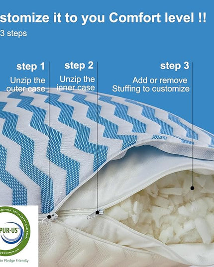 Pillows Queen Size Set of 2- Adjustable Firm Shredded Memory Foam Pillows - Side Sleeper Bed Pillows for Adults with Washable Cover and Bonus Foam Fill - LeafyLoom