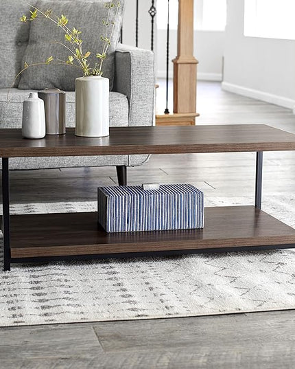 Household Essentials Jamestown Rectangular Coffee Table with Storage Shelf Mid Century Walnut Wood Grain and Black Metal - LeafyLoom