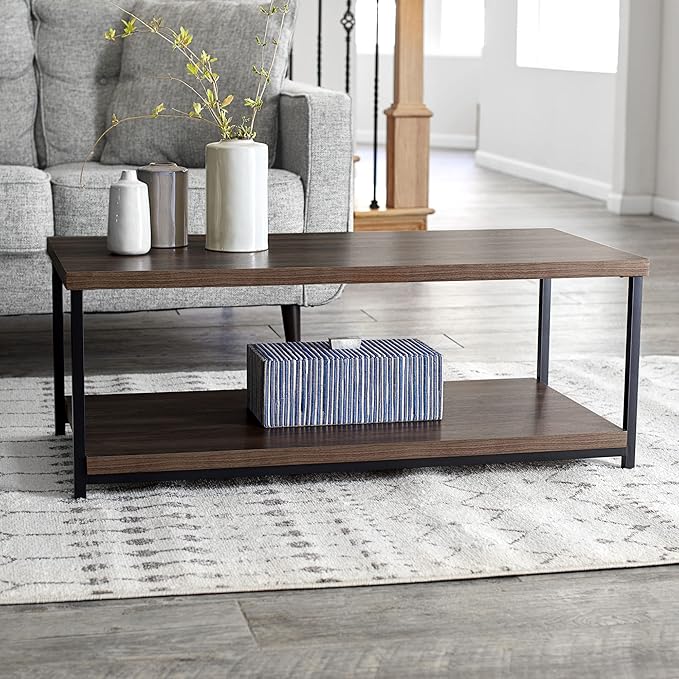 Household Essentials Jamestown Rectangular Coffee Table with Storage Shelf Mid Century Walnut Wood Grain and Black Metal - LeafyLoom