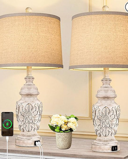 TOBUSA Farmhouse Table Lamps Set of 2, 26” Tall Bedside Lamps with Dual USB Ports, Nightstand Lamps with Carved Floral, Resin End Table Lamps for Living Room, Bedroom, Rotary Switch, No Bulbs - LeafyLoom