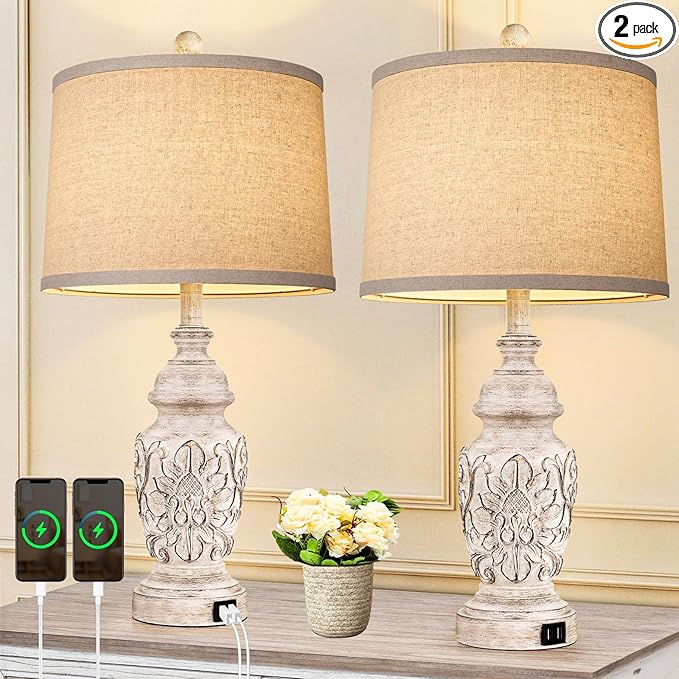 TOBUSA Farmhouse Table Lamps Set of 2, 26” Tall Bedside Lamps with Dual USB Ports, Nightstand Lamps with Carved Floral, Resin End Table Lamps for Living Room, Bedroom, Rotary Switch, No Bulbs - LeafyLoom