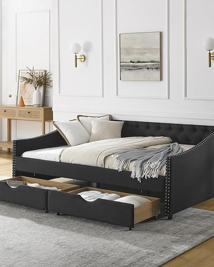 Full Size Daybed with Two Storage Drawers, Linen Upholstered Tufted Sofa Bed w/Button on Back and Copper Nail on Waved Shape Arms, for Bedroom Living Room, No Box Spring Needed, Black - LeafyLoom