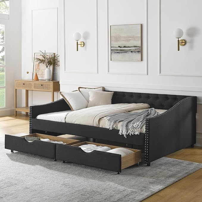 Full Size Daybed with Two Storage Drawers, Linen Upholstered Tufted Sofa Bed w/Button on Back and Copper Nail on Waved Shape Arms, for Bedroom Living Room, No Box Spring Needed, Black - LeafyLoom