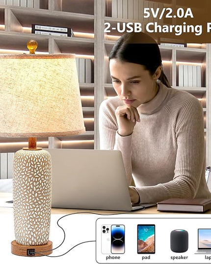 Touch Lamps for Bedrooms Set of 2, 26'' Farmhouse Table Lamps for Living Room Boho Bedside Lamp with Dual USB Charging Ports, 3-Way Dimmable Coastal Nightstand Lamp with White Fabric (Bulb Included) - LeafyLoom